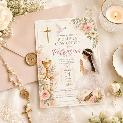 Primera Comunión Invitation with Pink Flowers and Praying Girl in cream gold