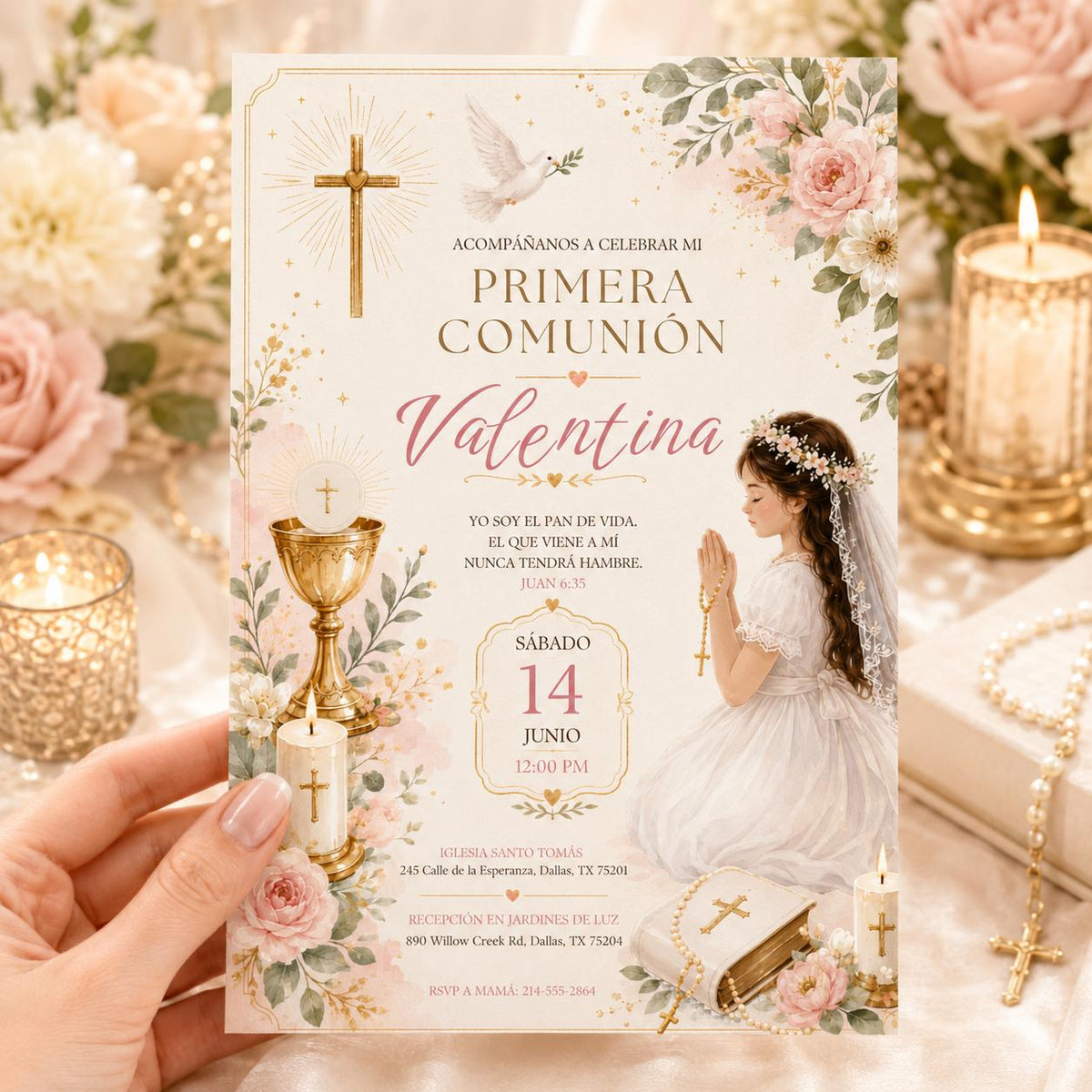 Primera Comunión Invitation with Pink Flowers and Praying Girl — cross rose artwork in cream gold