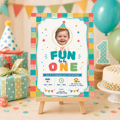Fun to Be One First Birthday Photo Invitation — gingham first birthday design