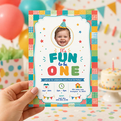Fun to Be One First Birthday Photo Invitation — print-ready first birthday design from VoltBy