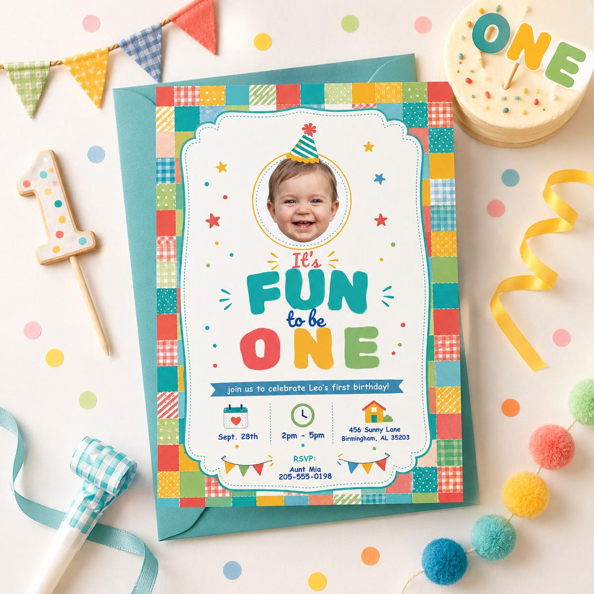 Fun to Be One First Birthday Photo Invitation in green and red