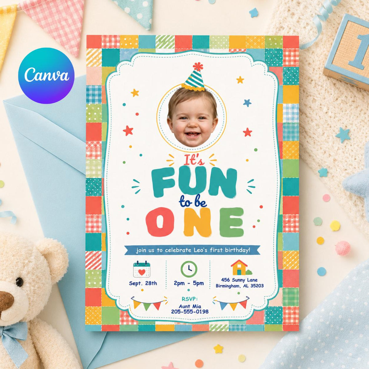 Fun to Be One First Birthday Photo Invitation — editable Canva template