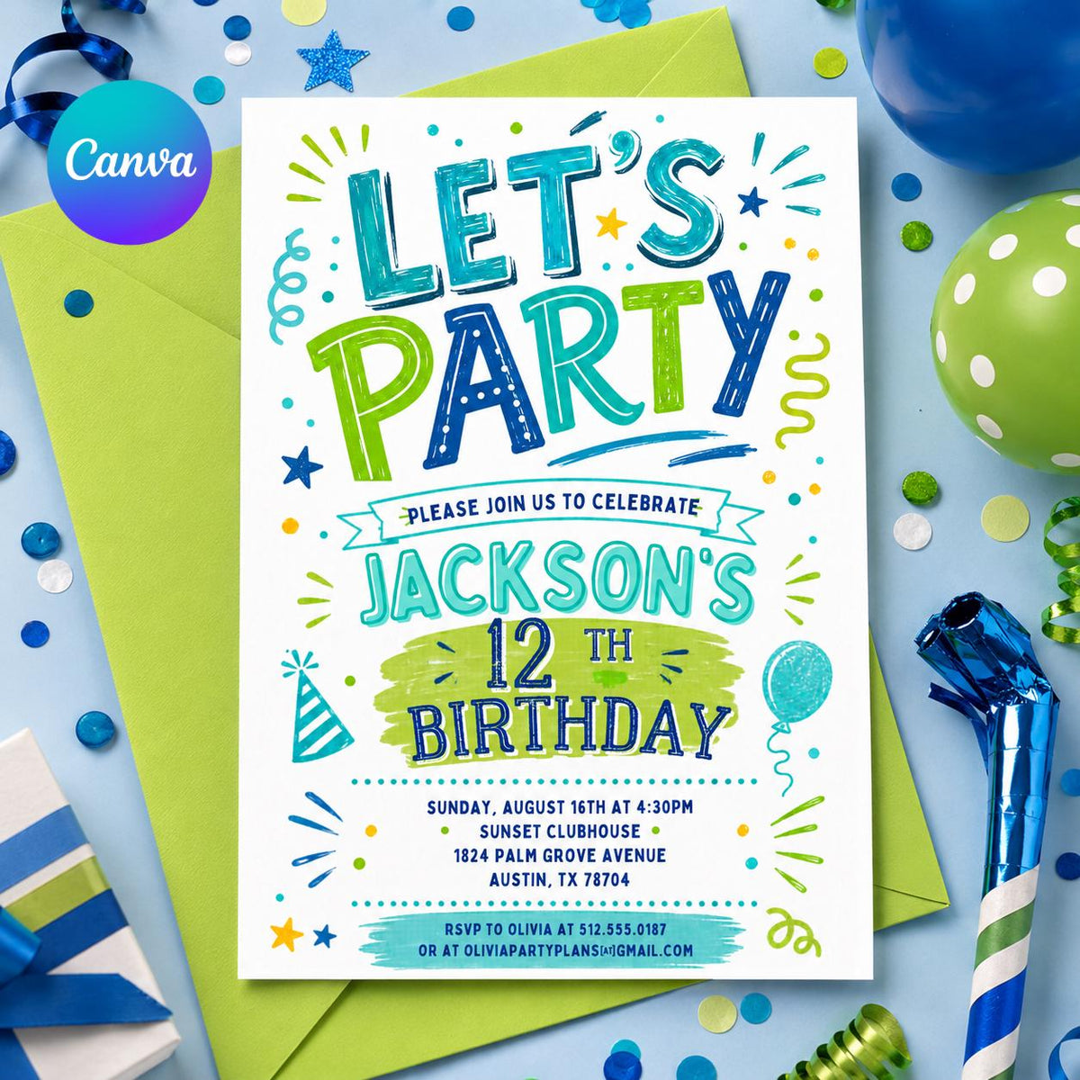 Blue and Green Let's Party 12th Birthday Invitation — editable Canva template