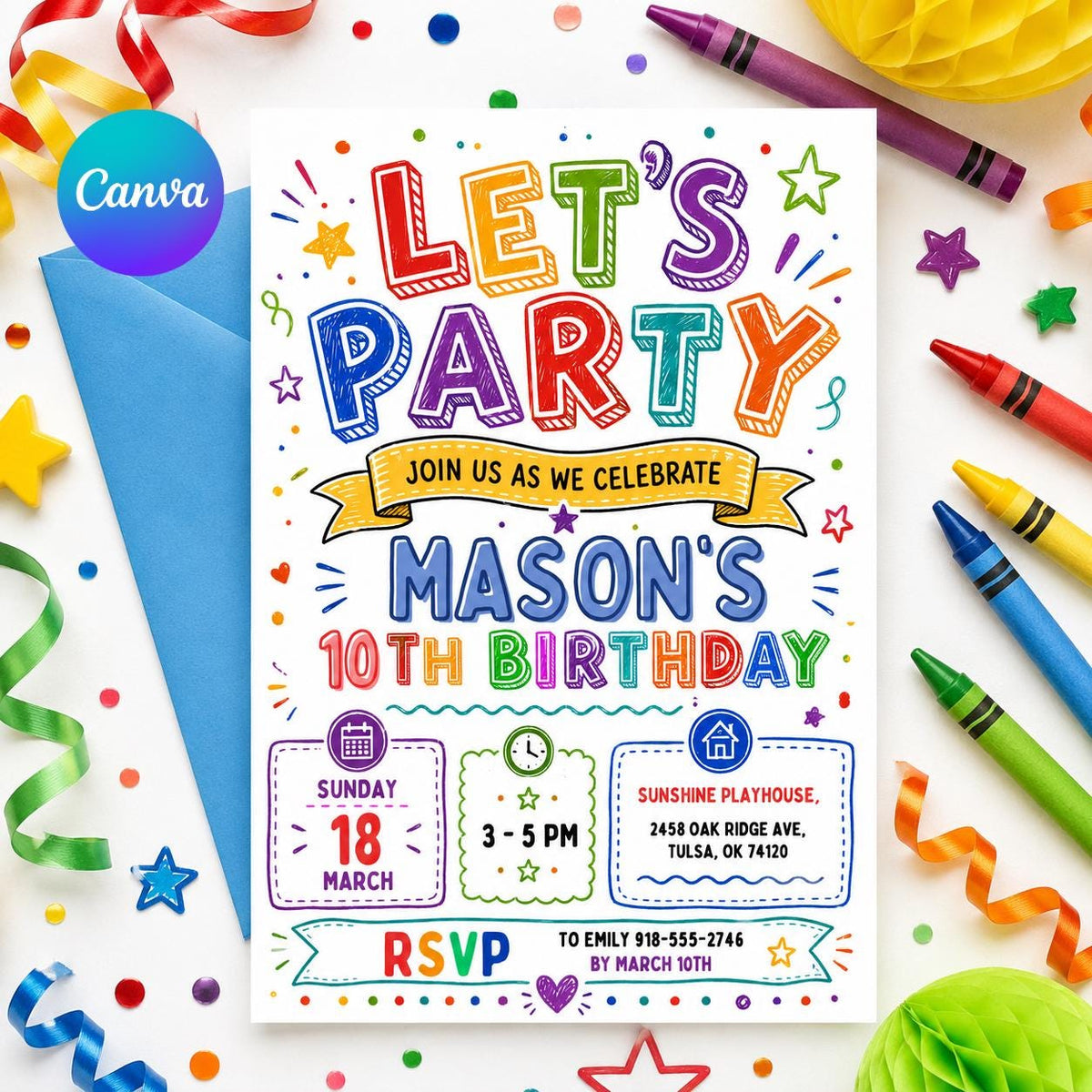 Rainbow Doodle Let's Party 10th Birthday Invitation — editable Canva template