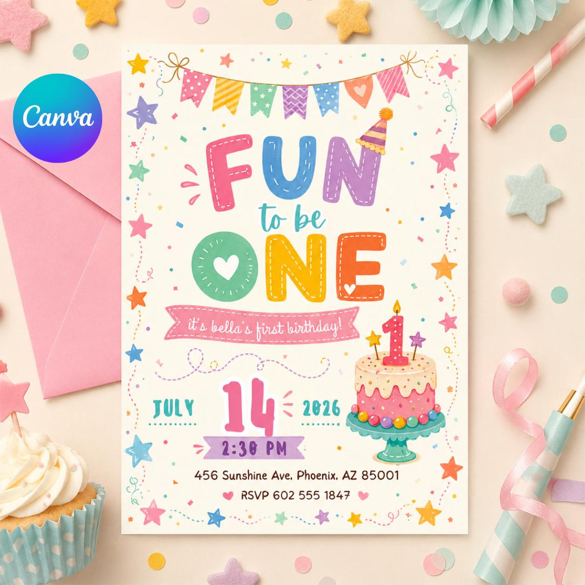 Fun to Be One First Birthday Invitation with Cake and Confetti — editable Canva template