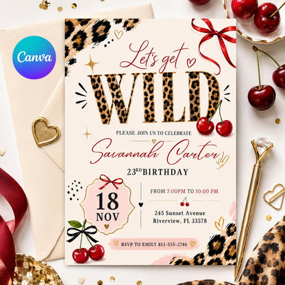Cherry Leopard Let's Get Wild 23rd Birthday Invitation — editable Canva template