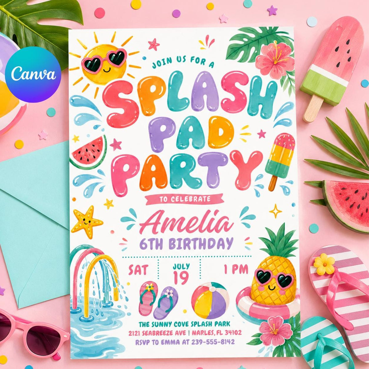 Splash Pad 6th Birthday Invitation with Rainbow Sprinkler — editable Canva template