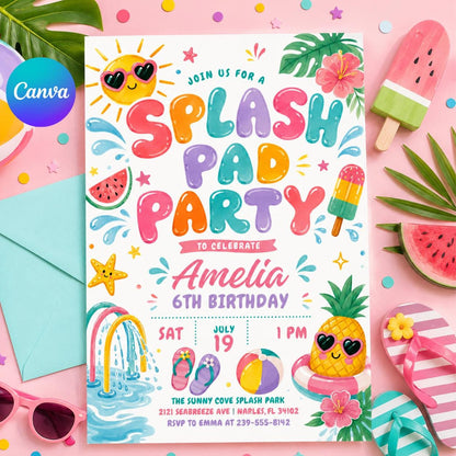 Splash Pad 6th Birthday Invitation with Rainbow Sprinkler — editable Canva template