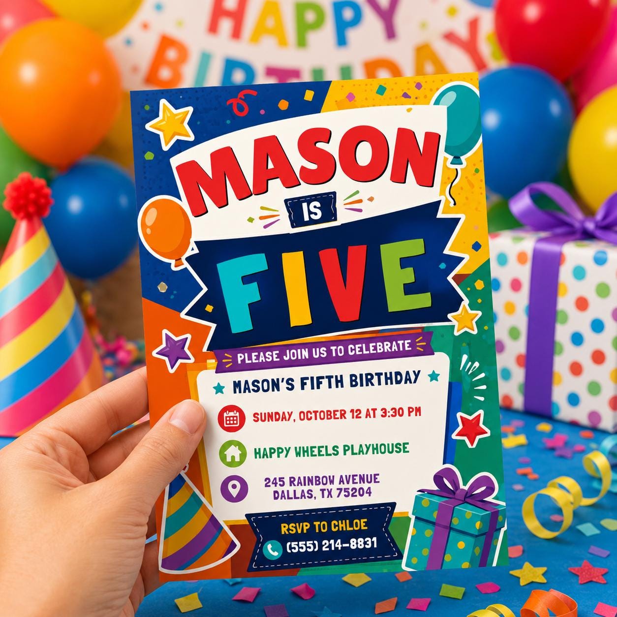 5th Birthday Invitation, Editable High Five Birthday Party Invitation, Neon Glow High Five Hi Five 5th Birthday Party Girls, Canva Template __etsy:8049351248