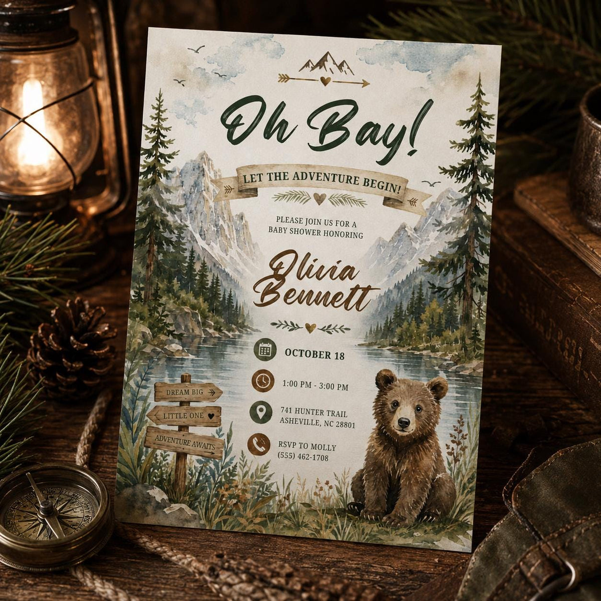 Oh Boy Mountain Bear Baby Shower Invitation — invitation you personalize in Canva