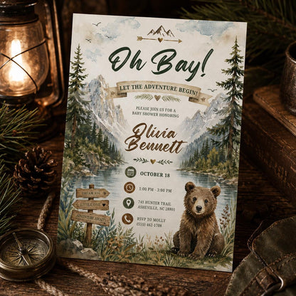 Oh Boy Mountain Bear Baby Shower Invitation — invitation you personalize in Canva