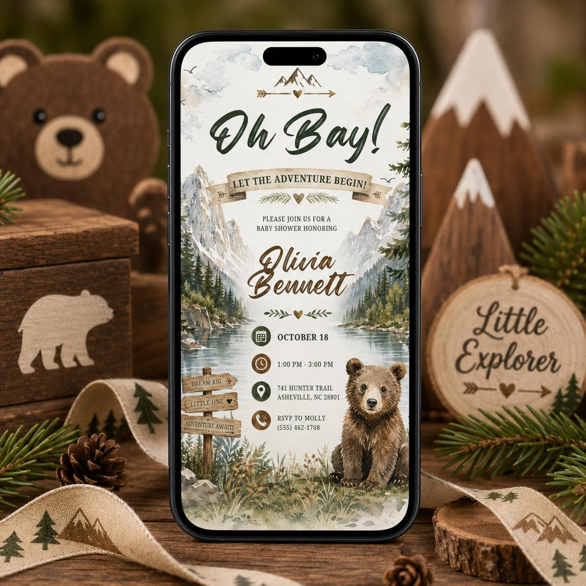 Oh Boy Mountain Bear Baby Shower Invitation — lake and mountains artwork in blue and brown
