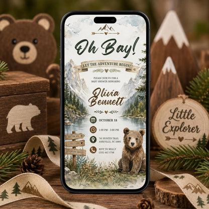Oh Boy Mountain Bear Baby Shower Invitation — lake and mountains artwork in blue and brown