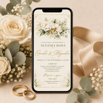 Spanish Wedding Invitation with White Flowers and Gold Rings — floral design