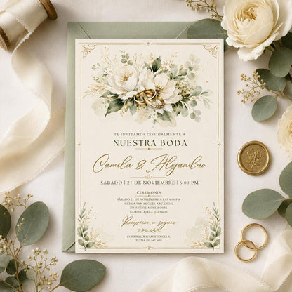 Spanish Wedding Invitation with White Flowers and Gold Rings — invitation you personalize in Canva