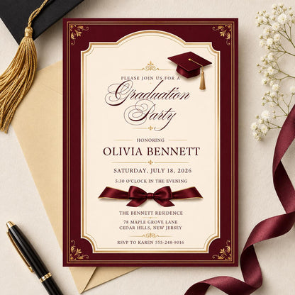 Editable Black Bow Graduation Party Invitation, Graduation Announcement Template, Minimalist Graduation Invitation, Grad Party Invite __etsy:8050270849