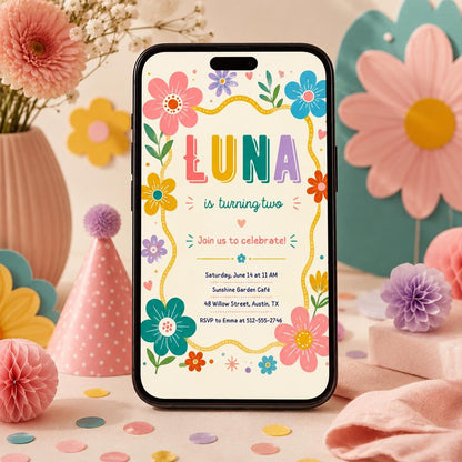 Bright Wildflower 2nd Birthday Invitation with Wavy Yellow Frame — floral 2nd birthday party design