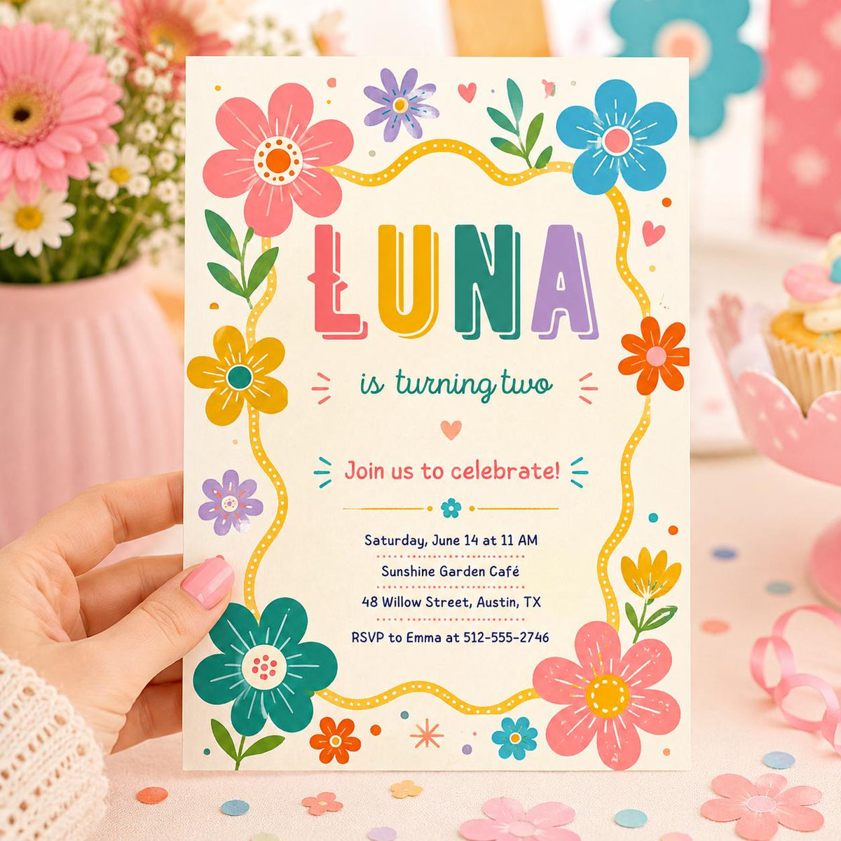 Bright Wildflower 2nd Birthday Invitation with Wavy Yellow Frame — digital invitation, instant download