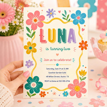 Bright Wildflower 2nd Birthday Invitation with Wavy Yellow Frame — digital invitation, instant download