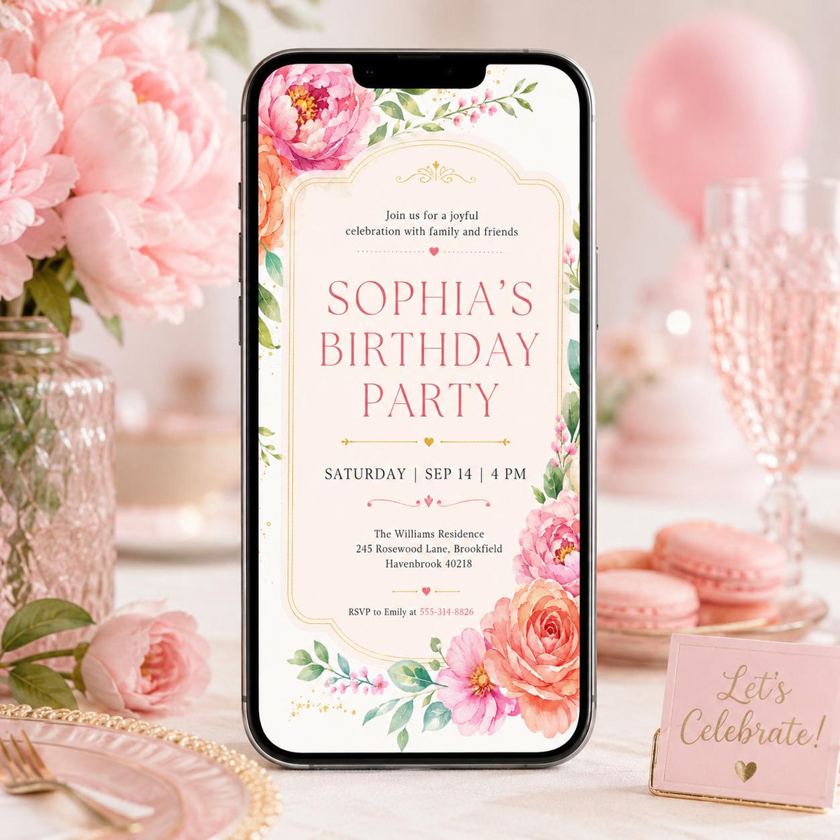 Garden Floral Birthday Invitation with Pink Roses — birthday party stationery by VoltBy