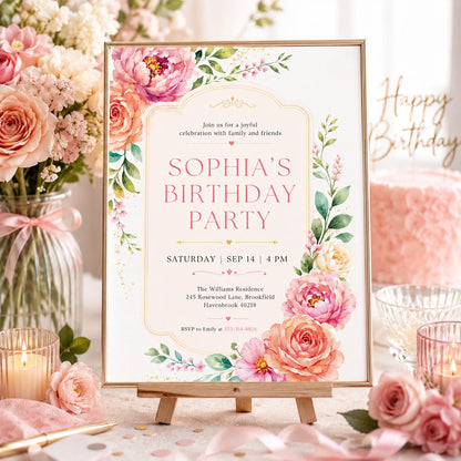 Garden Floral Birthday Invitation with Pink Roses — print-ready birthday party design from VoltBy