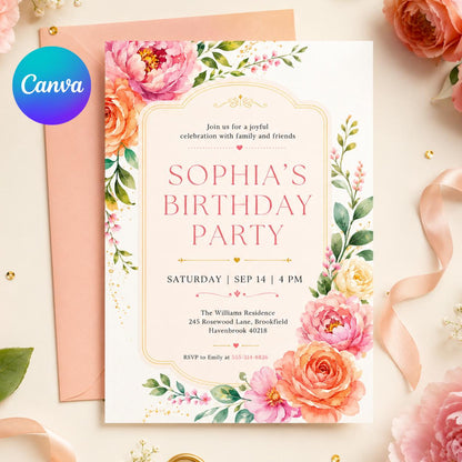 Garden Floral Birthday Invitation with Pink Roses — editable Canva template