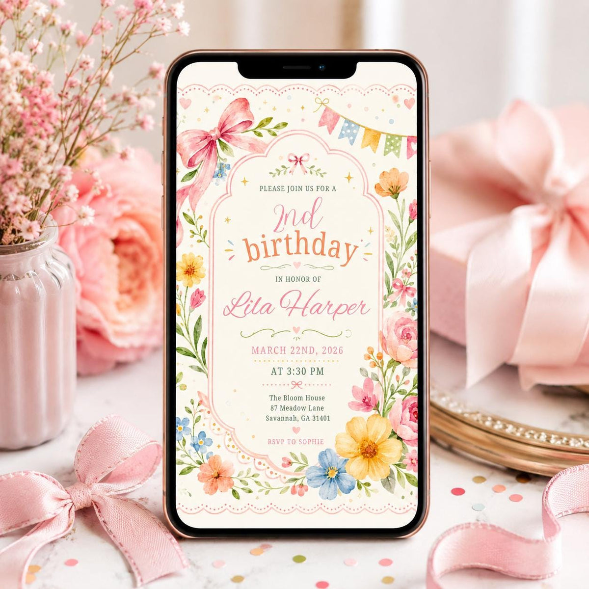 Watercolor Wildflower 2nd Birthday Invitation with Pink Bow — floral 2nd birthday party design