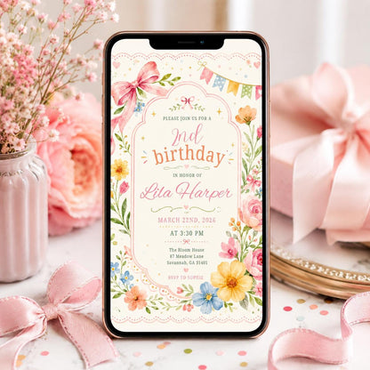 Watercolor Wildflower 2nd Birthday Invitation with Pink Bow — floral 2nd birthday party design