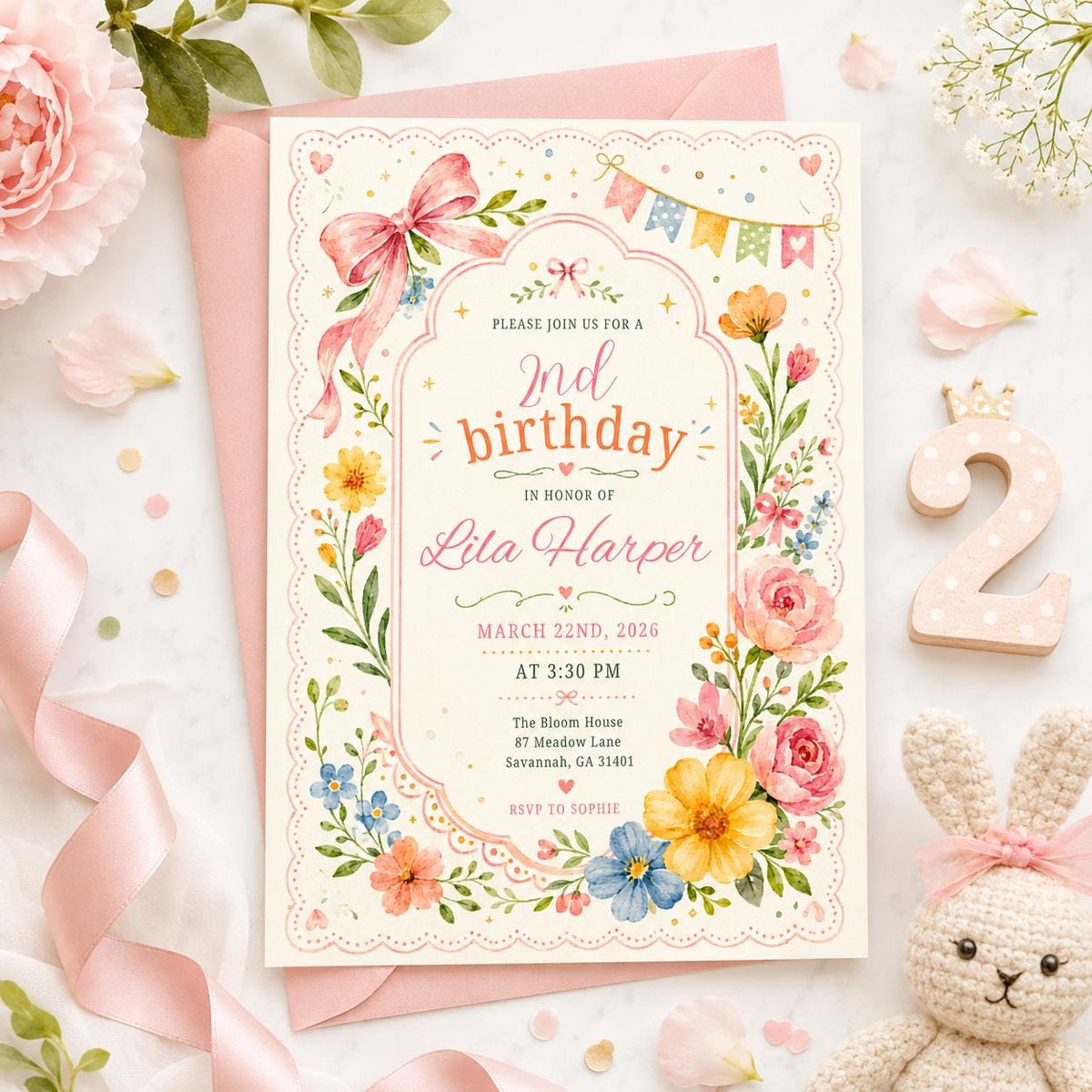 Watercolor Wildflower 2nd Birthday Invitation with Pink Bow — editable Canva template
