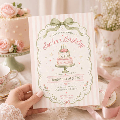 Pink Bow First Birthday Invite, Trendy Coquette Birthday Invite, Girly Birthday Invite, Our Little Wildflower Invite, Vintage Floral, Canva __etsy:8051667503