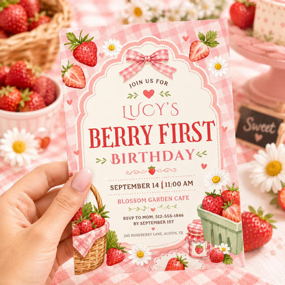 Berry First Birthday Invitation, Strawberry Birthday Invitation, Strawberry Party Invite, 1st Birthday Girl, Berry Sweet First Birthday Pink __etsy:8051667895