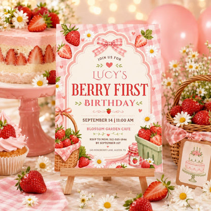 Berry First Birthday Invitation with Gingham Bow — daisy artwork in green and pink