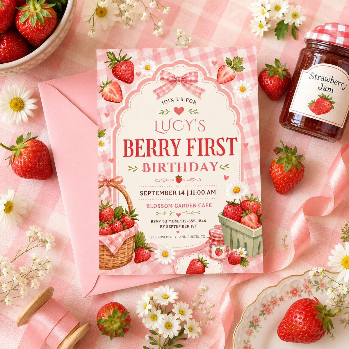 Berry First Birthday Invitation with Gingham Bow — invitation you personalize in Canva