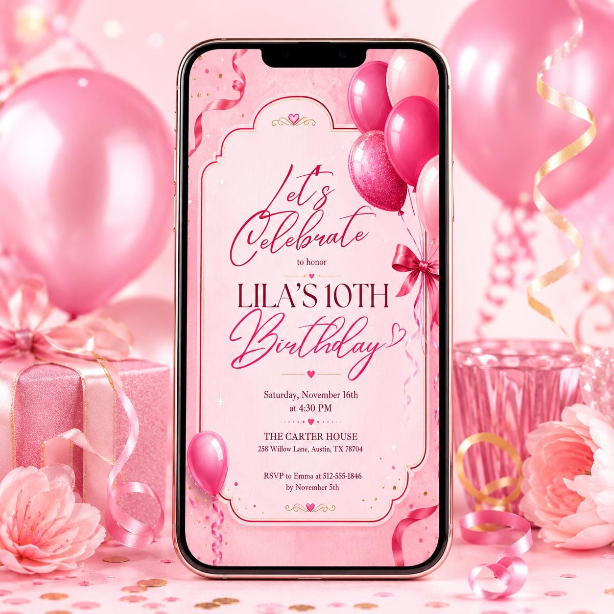 Editable Pink Glitter Balloons Birthday Invitation, Pink Balloons Girl Birthday Invite, Balloons Minimalist Birthday Invitation, Canva __etsy:8051668417