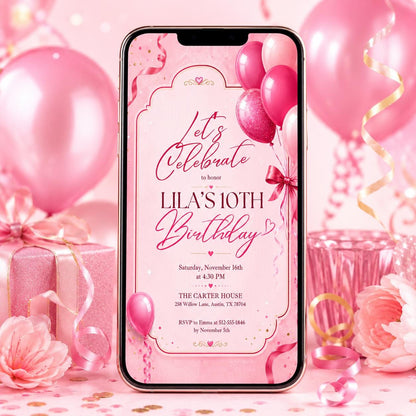 Editable Pink Glitter Balloons Birthday Invitation, Pink Balloons Girl Birthday Invite, Balloons Minimalist Birthday Invitation, Canva __etsy:8051668417