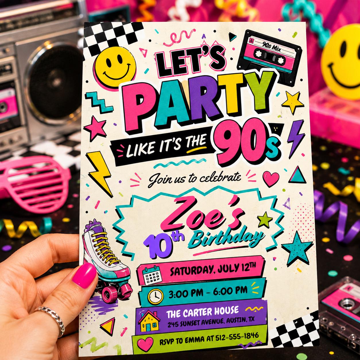 90s Birthday Invitation Template, Pop Star Birthday Invitation Girl Neon Glow in the Dark Music Party Rainbow Girls Musical Singing , Canva __etsy:8051670379