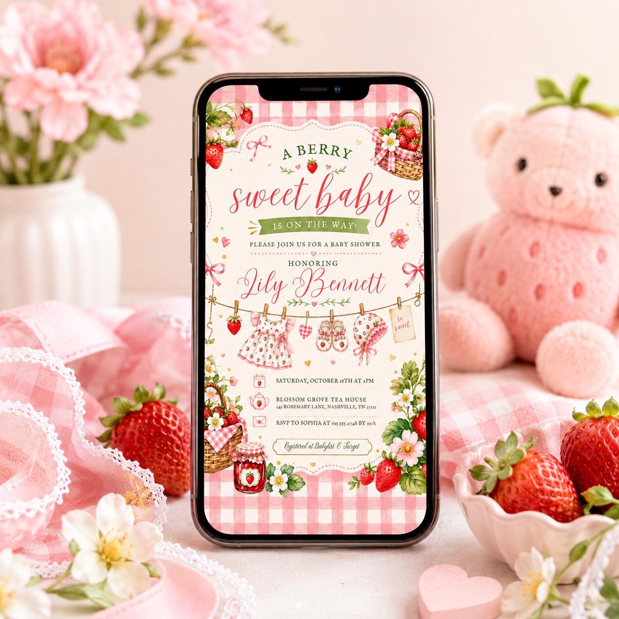 Berry Sweet Baby Shower Invitation, Strawberry Baby Shower Invite, Printed or Instant Editable Template, Strawberry Baby Shower Invitation __etsy:8051672163
