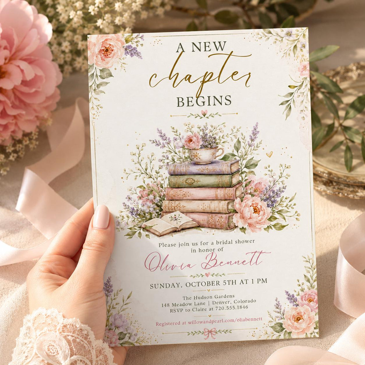 Stacked Books and Teacup Bridal Shower Invitation — library design