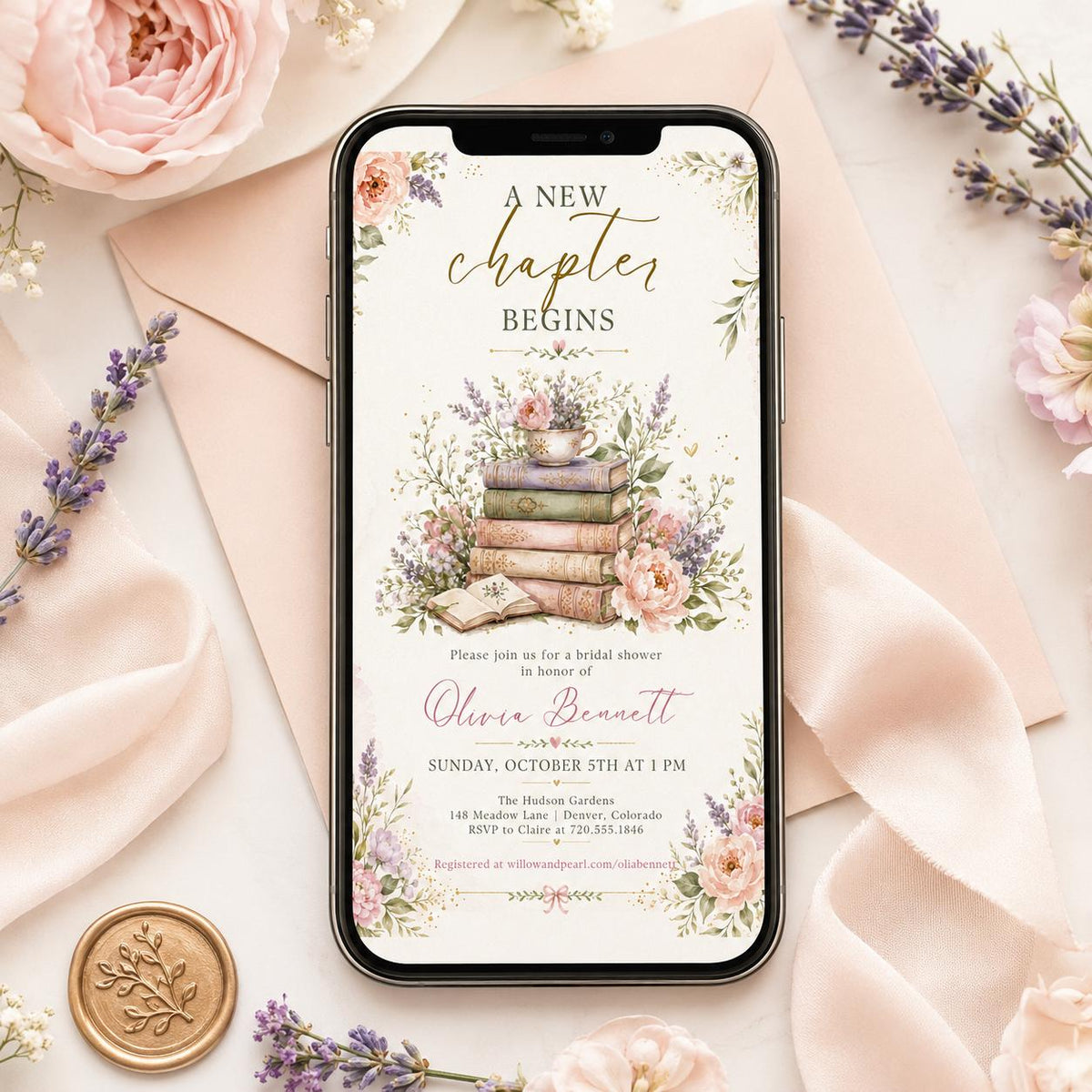 Stacked Books and Teacup Bridal Shower Invitation — invitation you personalize in Canva