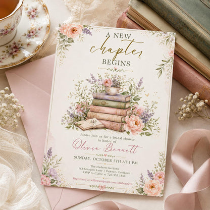 Stacked Books and Teacup Bridal Shower Invitation — vintage bridal shower design
