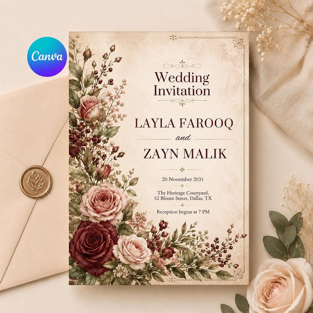 Burgundy Rose Wedding Invitation on Parchment — editable Canva template