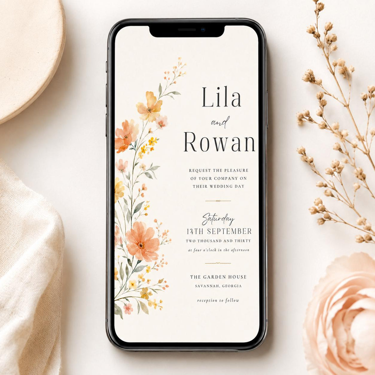 Peach Wildflower Wedding Invitation with Side Border — space design