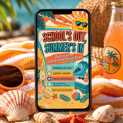Retro School's Out Beach Bash Invitation — print-ready end-of-year celebration design from VoltBy