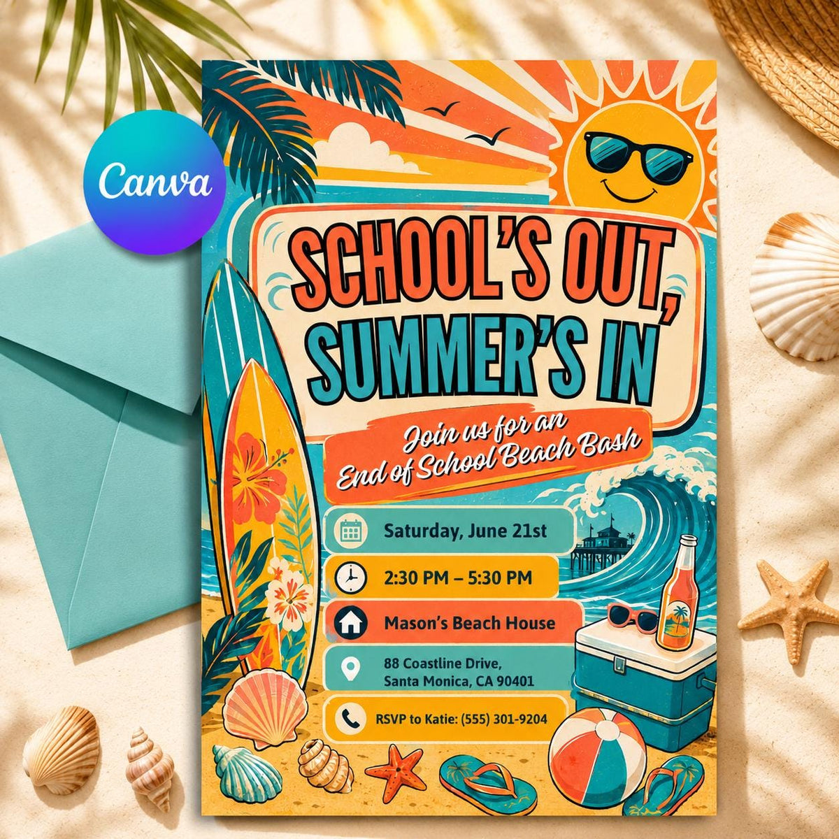 Retro School's Out Beach Bash Invitation — editable Canva template