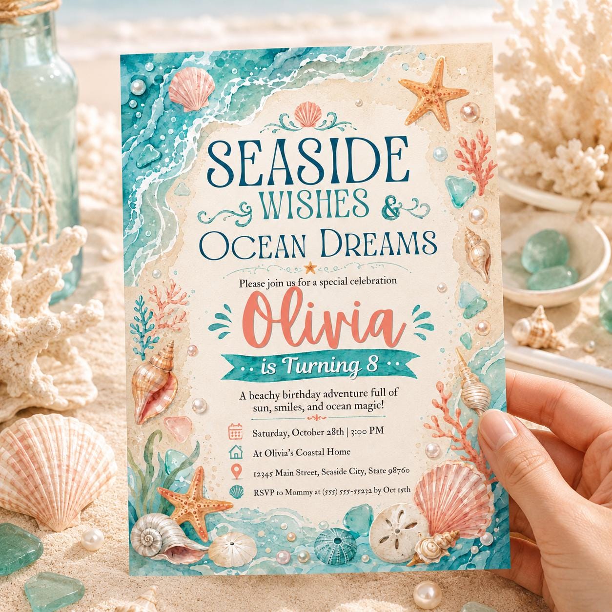 Seashell Birthday Invitation, Beach Birthday Invitation, Shore Sea Invitation, Blue Ocean Theme Party, Summer Sea Theme Party Invite, Canva __etsy:8053443348