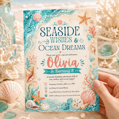 Seashell Birthday Invitation, Beach Birthday Invitation, Shore Sea Invitation, Blue Ocean Theme Party, Summer Sea Theme Party Invite, Canva __etsy:8053443348