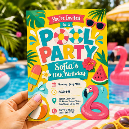 Tropical Pool Party 10th Birthday Invitation with Fruit — flamingo and pineapple design