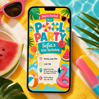 Tropical Pool Party 10th Birthday Invitation with Fruit — invitation you personalize in Canva