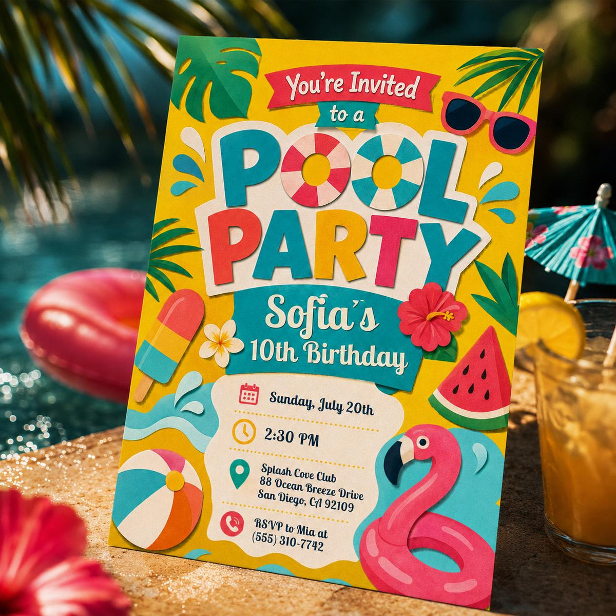 Tropical Pool Party 10th Birthday Invitation with Fruit — flamingo and pineapple artwork in green and pink