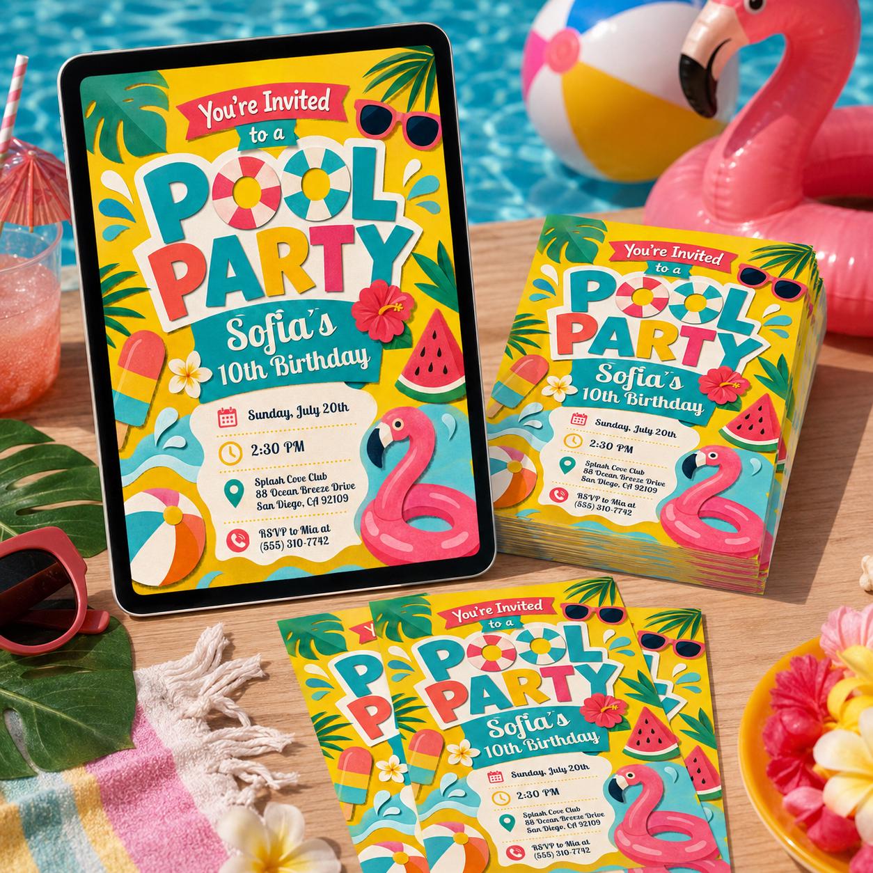 Pool Party Birthday Party Invitation Template, Hand Drawn Whimsical Swim Birthday Invite, Pink Bow Coquette Summer Birthday Pool Celebration __etsy:8053899264